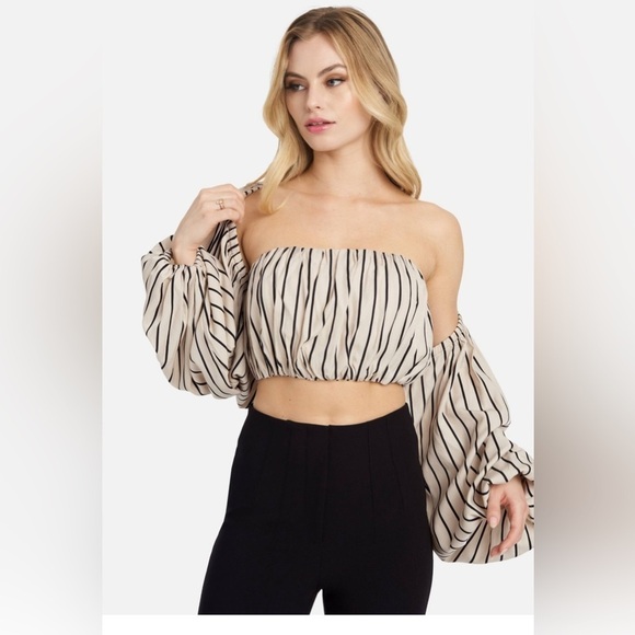 Bebe Twill Stripe Balloon Sleeve 2 Piece Bolero Set - Picture 3 of 14